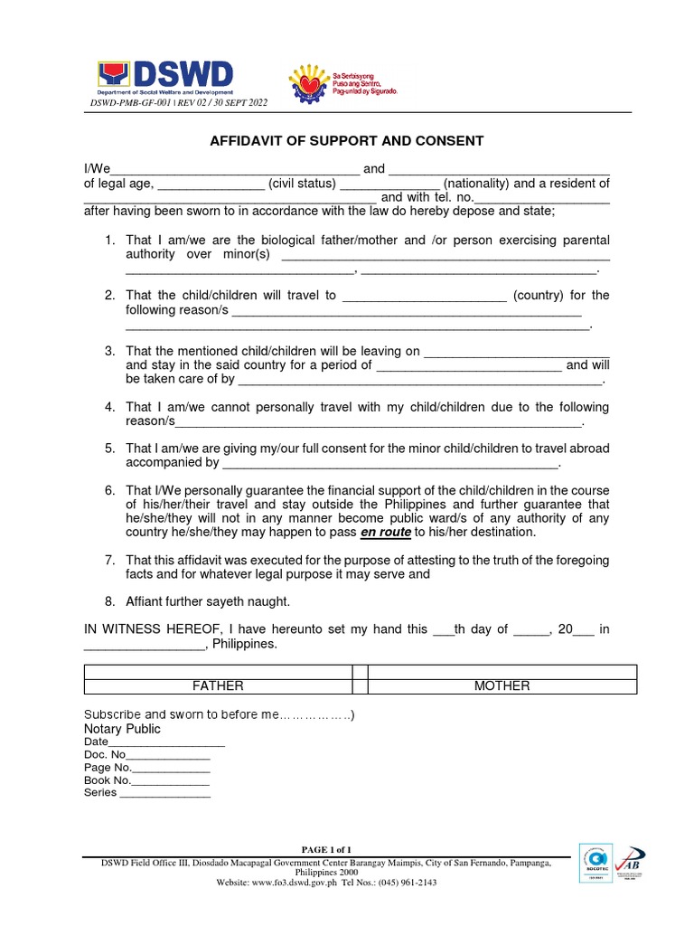 DSWD PMB GF 001 - REV 02 - Affidavit of Support and Consent | PDF ...
