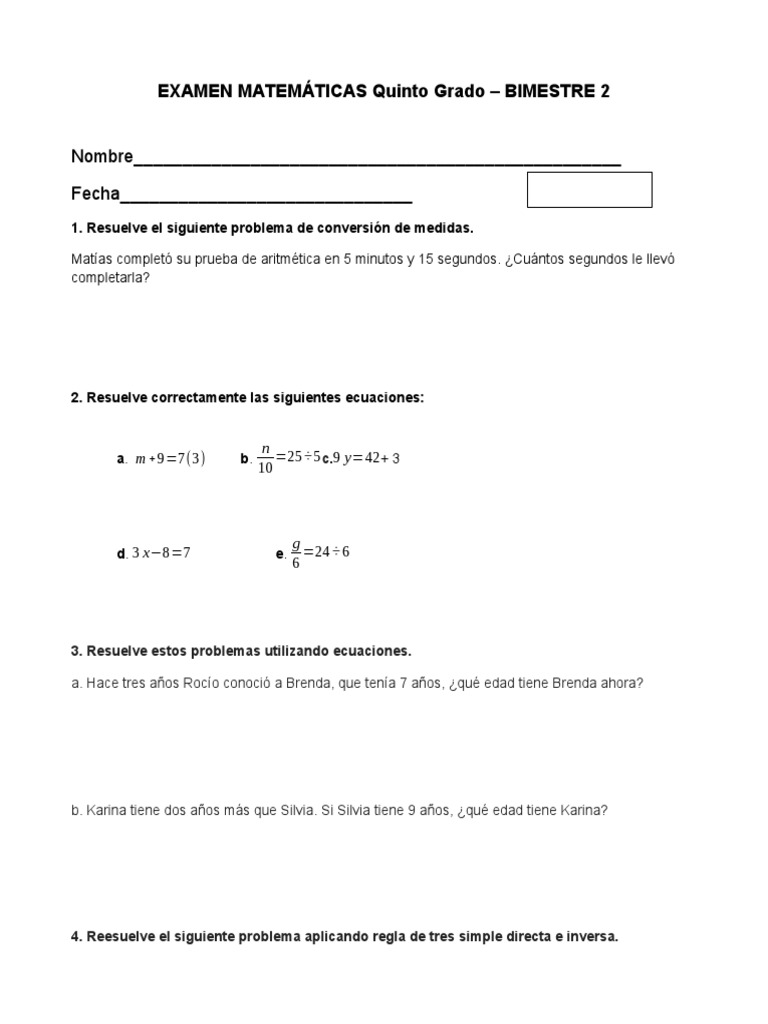 Examen Quinto Grado PDF Matemática Elemental Matemáticas