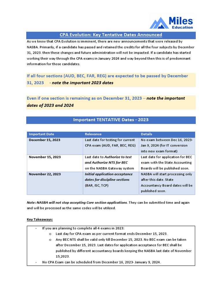 4 CpaEvolution Important Tentative Dates PDF Certified Public Accountant Uniform Certified