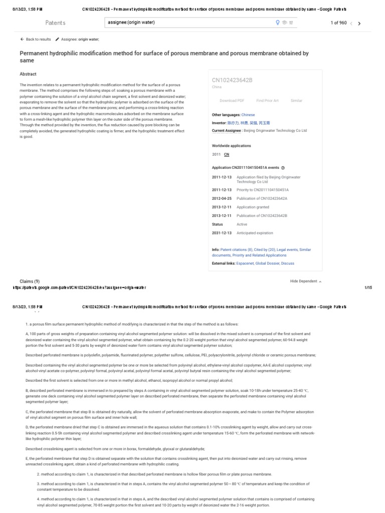 CN102423642B - Permanent Hydrophilic Modification Method For Surface of ...