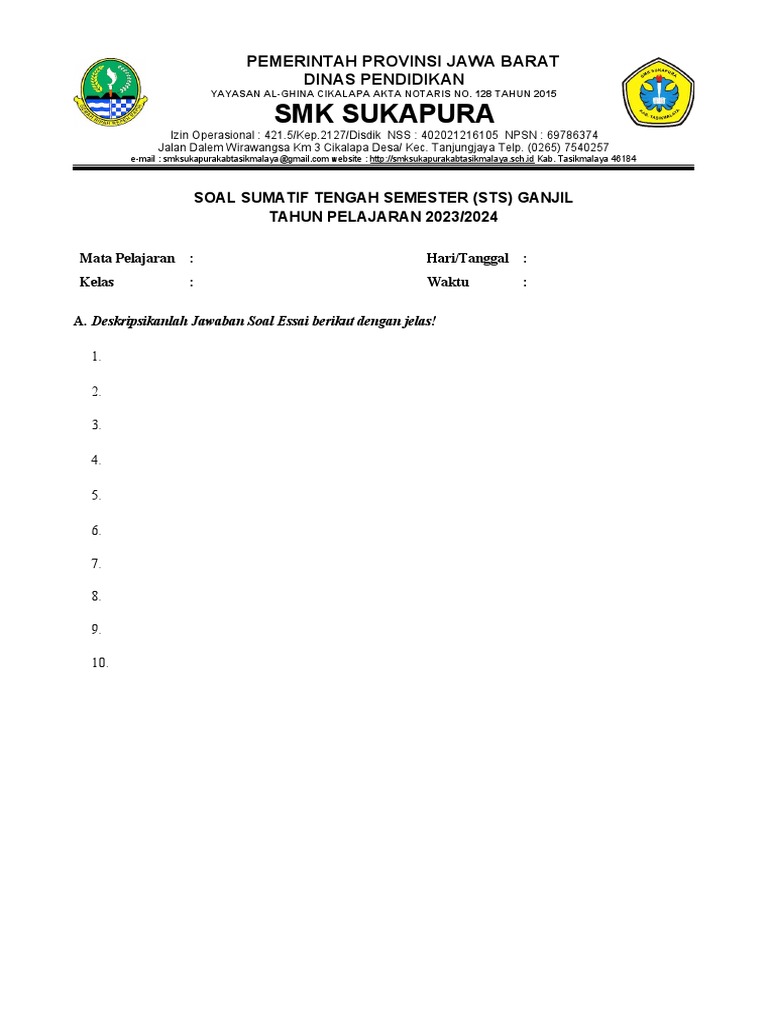 Soal STS Ganjil SMK Sukapura 2023/2024 | PDF