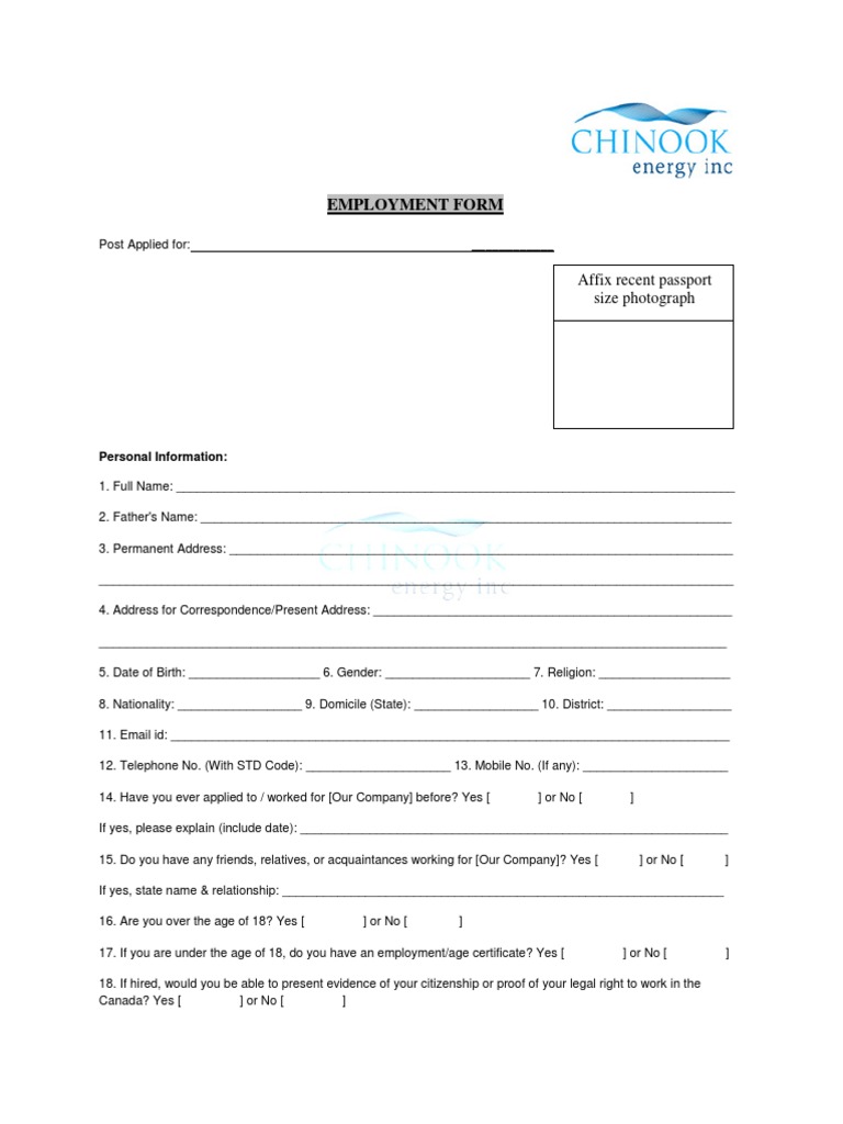 Chinook Energy Inc Application Form PDF