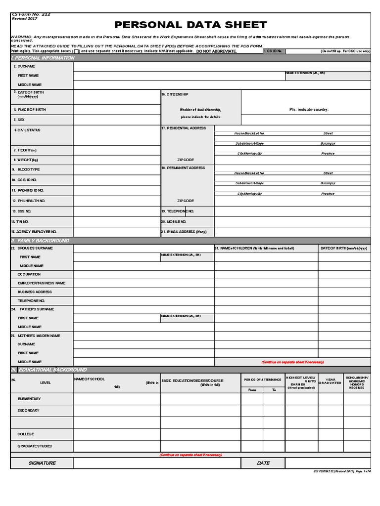 CSC Form No. 212 Revised Personal Data Sheet 2017 | PDF