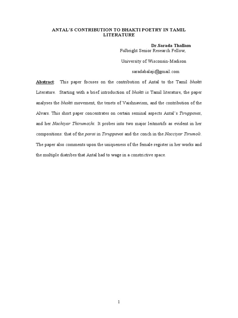 Antal's Role in Tamil Bhakti Poetry | PDF | Vishnu | Vaishnavism