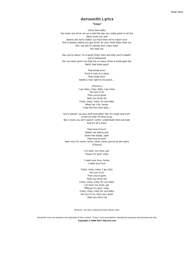 Aerosmith Lyrics - Crazy, PDF, American Rock Musicians