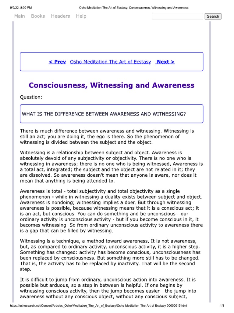 Osho - Consciousness, Witnessing and Awareness | PDF