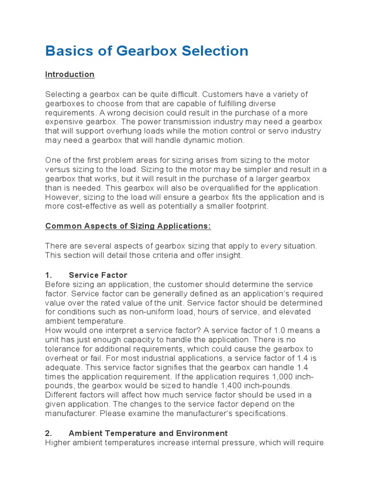 Basics of Gearbox Selection PDF Electric Motor Horsepower