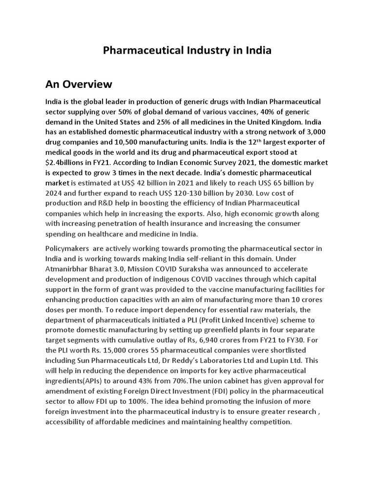Indian Pharmaceutical Industry Overview 2020 | PDF | Pharmaceutical ...