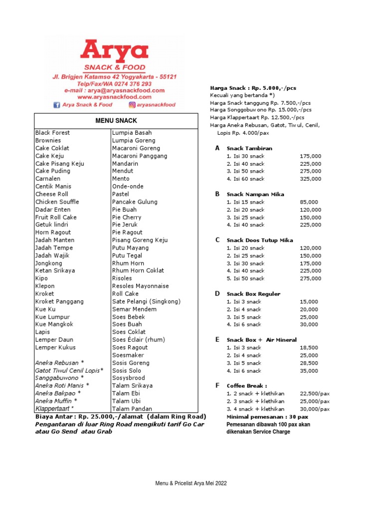 Menu & Pricelist Arya Mei 2022 | PDF
