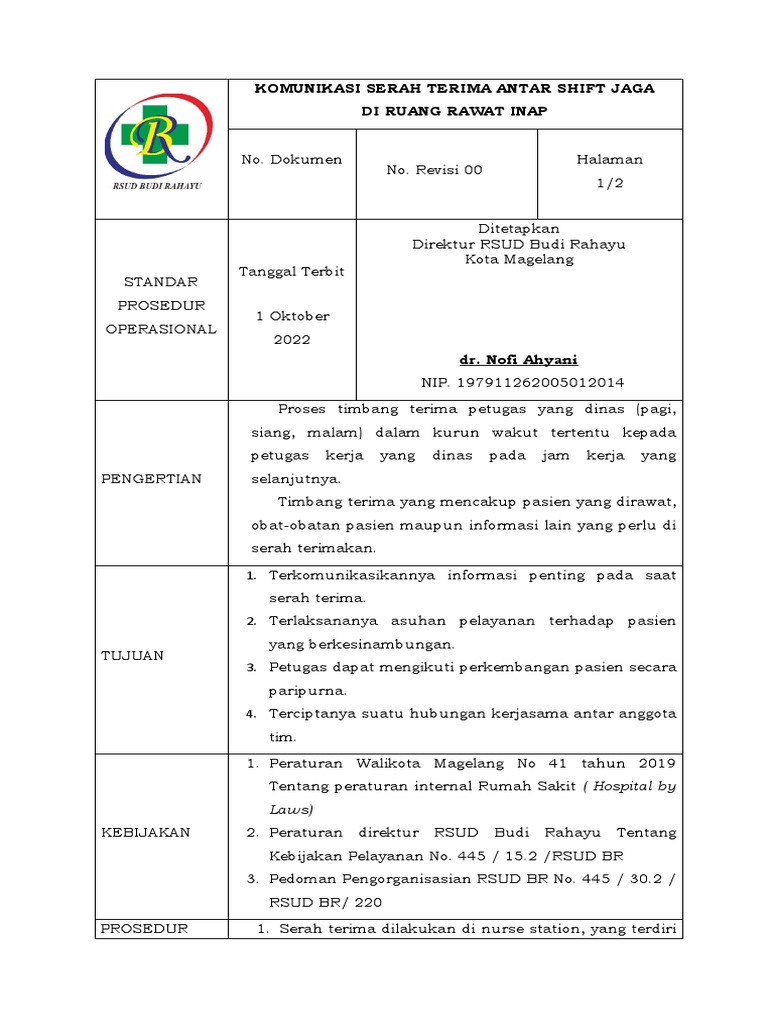 SPO KOMUNIKASI SERAH TERIMA ANTAR SHIFT JAGA DI RUANG RANAP(1) | PDF
