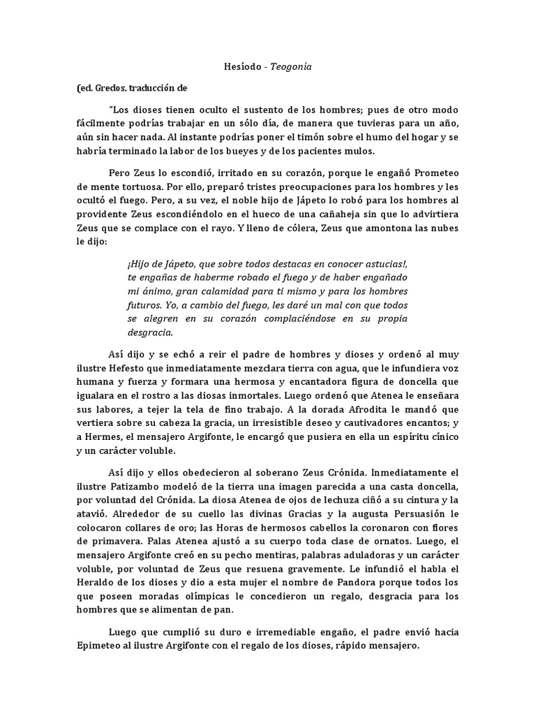 Hesíodo Prometeo y Pandora PDF Prometeo Mitología