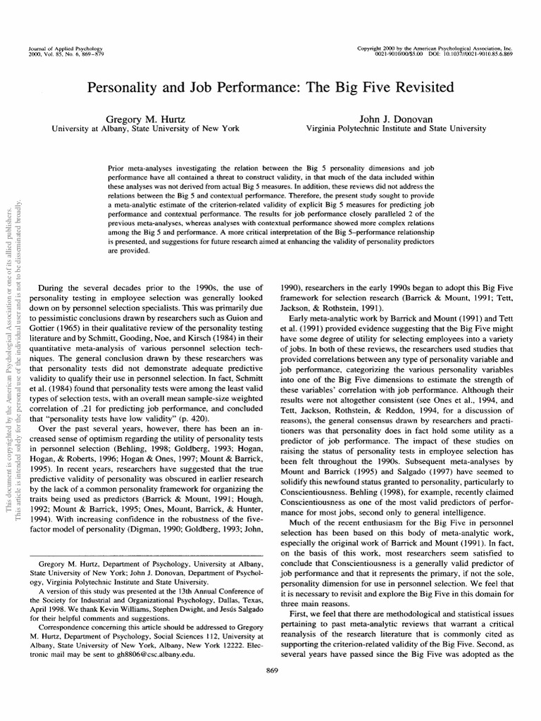Meta Analysis of Big 5 Personality Traits and Job Performance | PDF ...