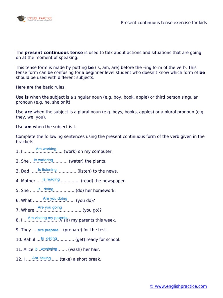 Present Continuous Tense Exercise For Kids | PDF