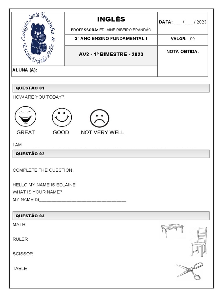 Cabeçalho de Prova de Inglês - 3º Ano | PDF
