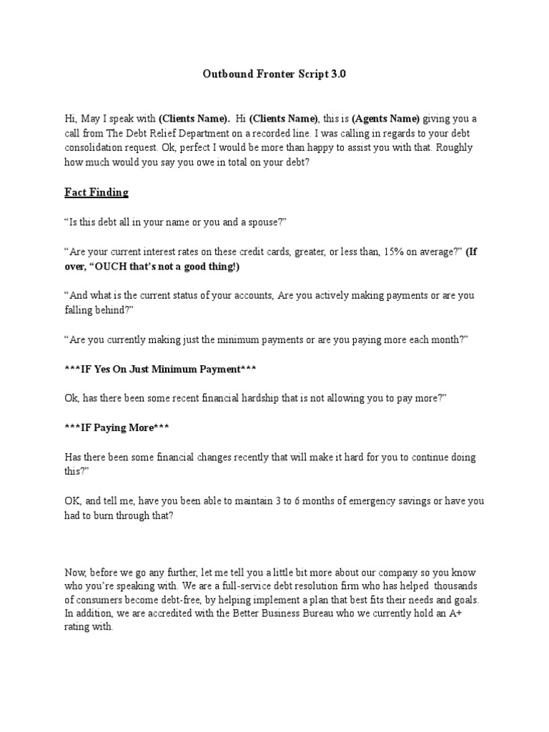 Outbound Debt Settlement Script 3.0 | PDF | Debt | Private Sector