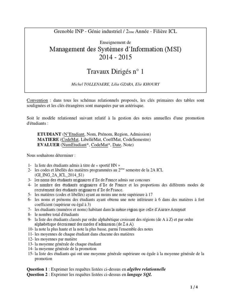 Requêtes SQL et Algèbre Relationnelle | PDF | Base de données ...