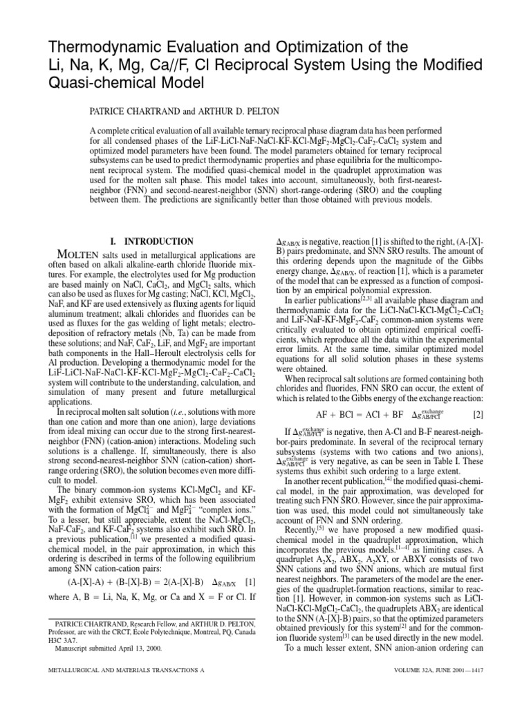 Thermodynamic Evaluation and Optimization of The Li, Na, K, MG, Ca//F ...