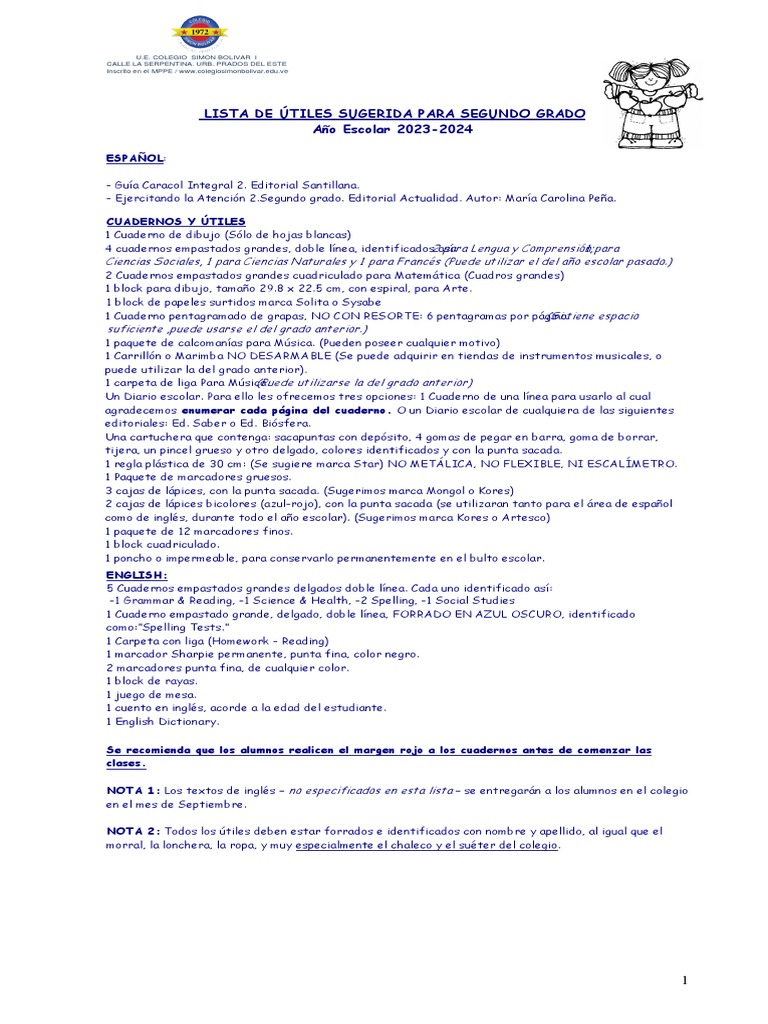 CSBI Lista de Utiles 2do Grado 23 24 | PDF | Cuaderno