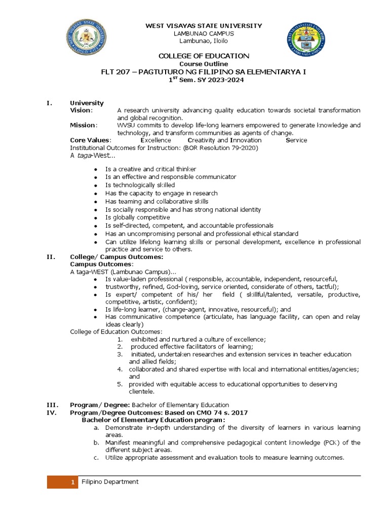 Course outline pagtuturo ng filipino sa elementarya i download free