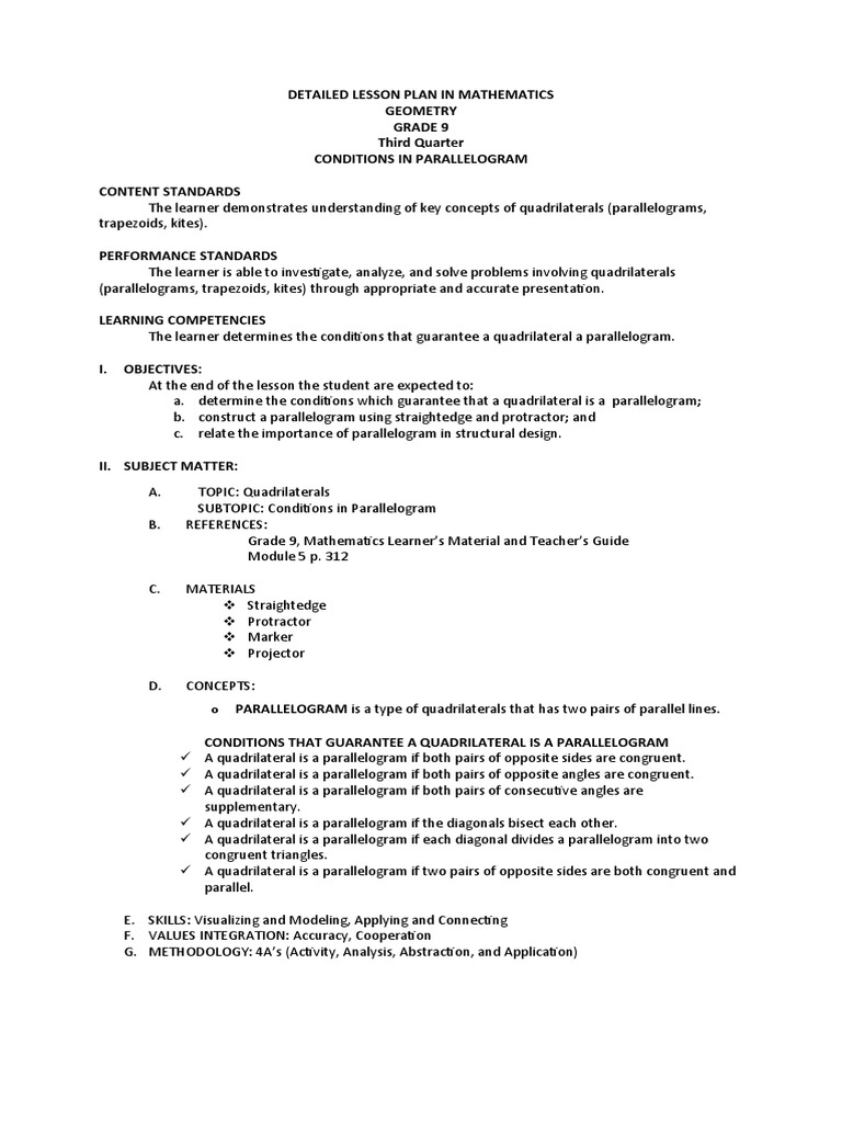 Grade 9 Lp Conditions In Parallelogram Pdf Euclidean Geometry