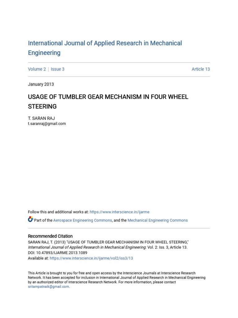Usage of Tumbler Gear Mechanism in Four Wheel Steering PDF Steering