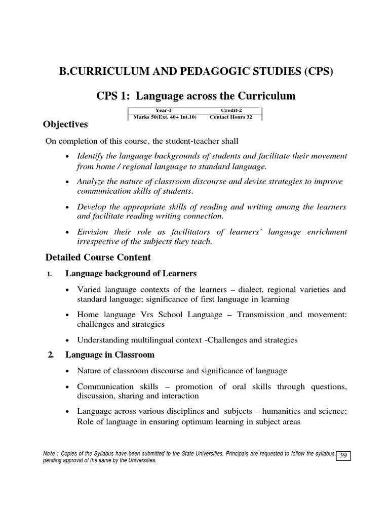 Language Across the Curriculum Syllabus | PDF | Curriculum | Learning