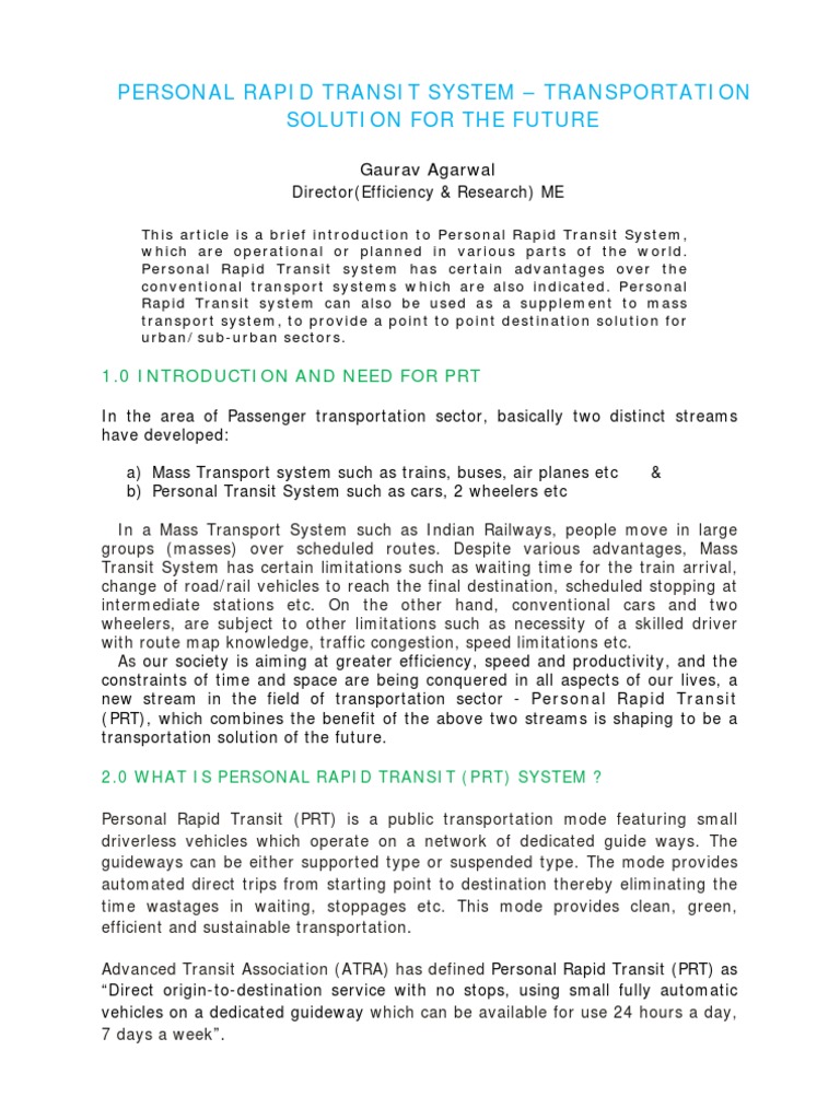 Future of Personal Rapid Transit Systems | PDF | Public Transport ...