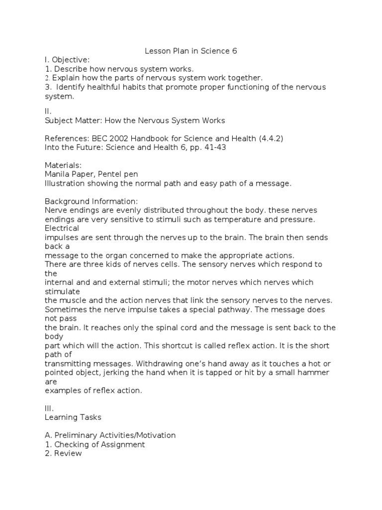Nervous System Lesson Plan for Grade 6 | PDF | Nerve | Nervous System