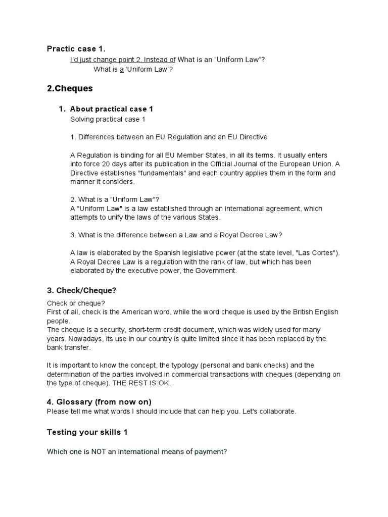EU Laws & Cheque Fundamentals | PDF | Cheque | Banks