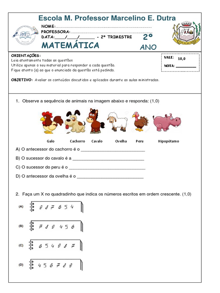Avaliação Matemática 2 Ano Fundamental | PDF