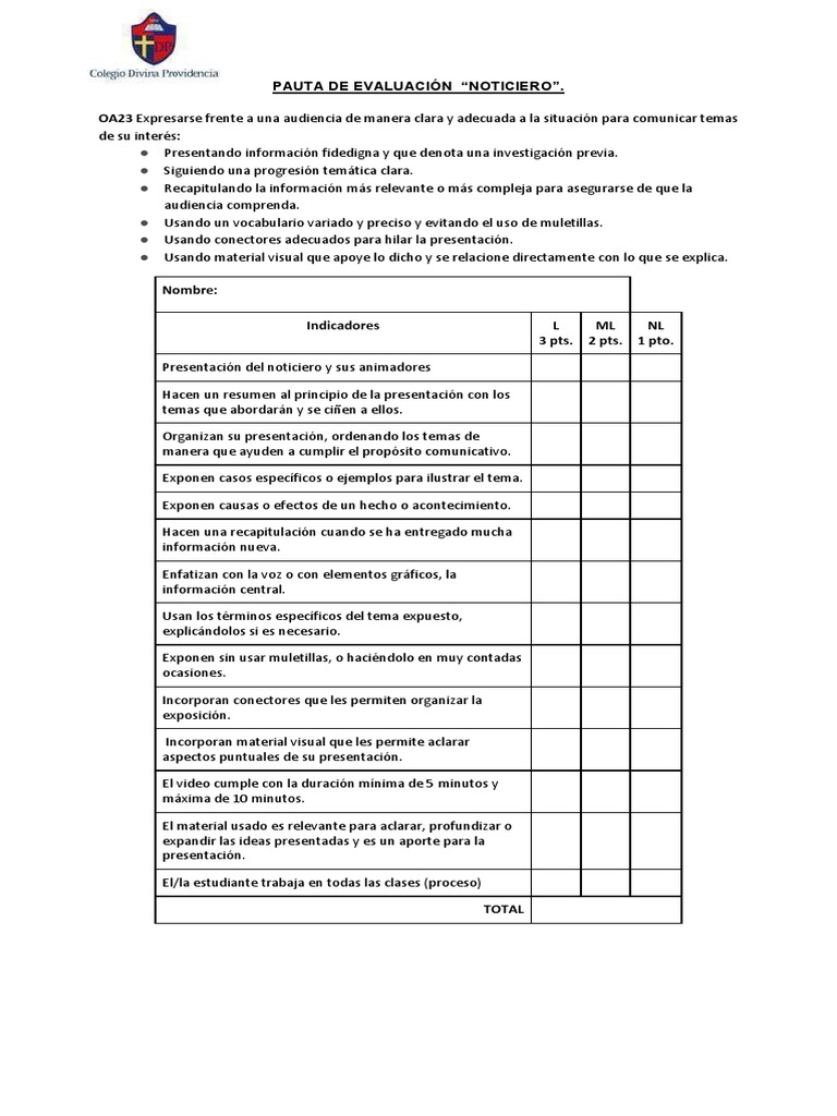 Pauta de Evaluación para Noticiero | PDF