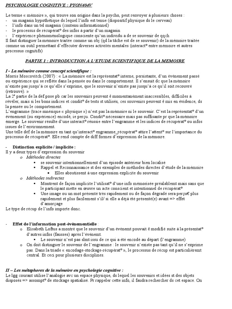 Comprendre la mémoire en psychologie cognitive | PDF