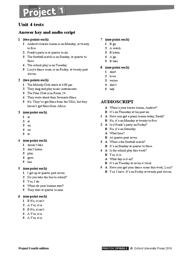 Unit 4 Answer Key and Audio Script PDF