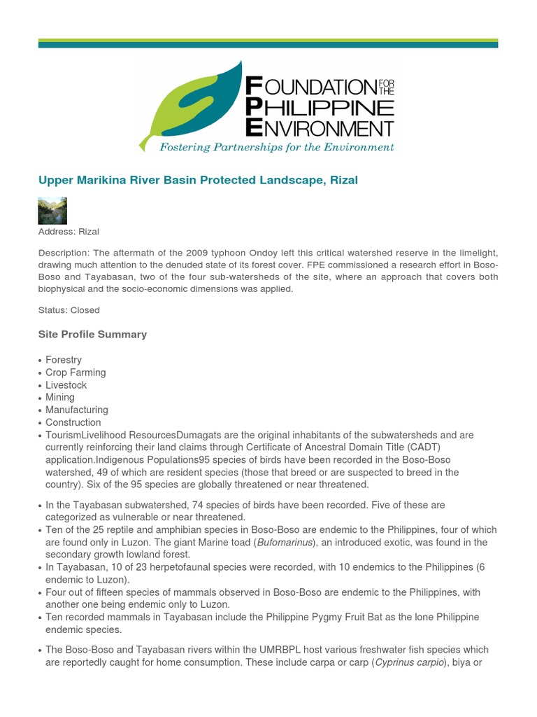 Fpe supported priority conservation sites upper marikina river basin