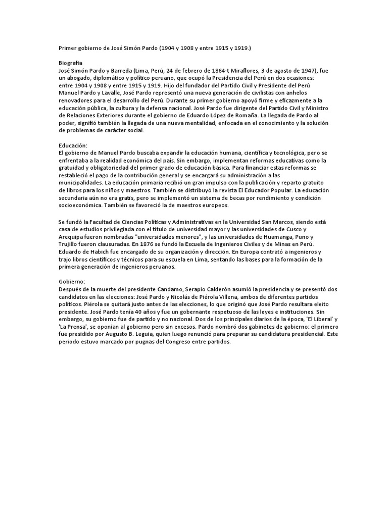 Primer Gobierno de José Simón Pardo PDF Perú Gobierno