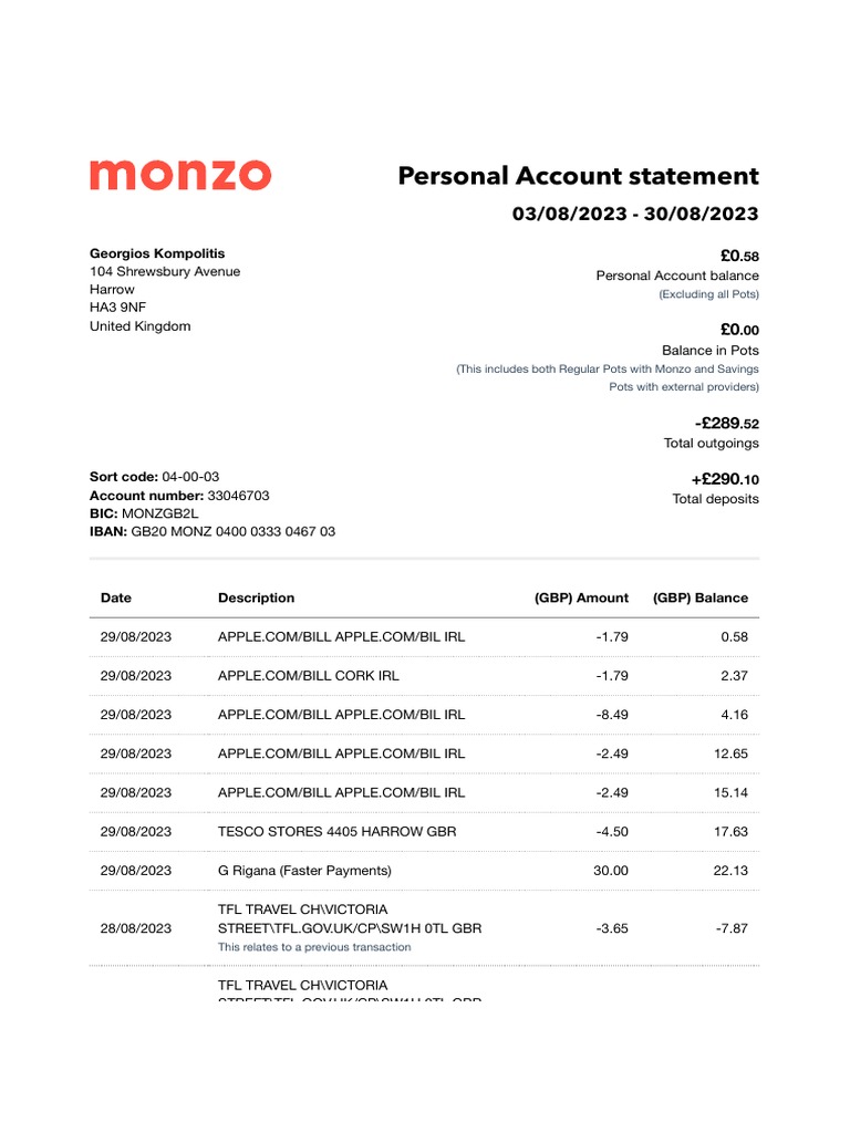 August 2023 Monzo Account Summary | PDF | Deposit Account | Payments