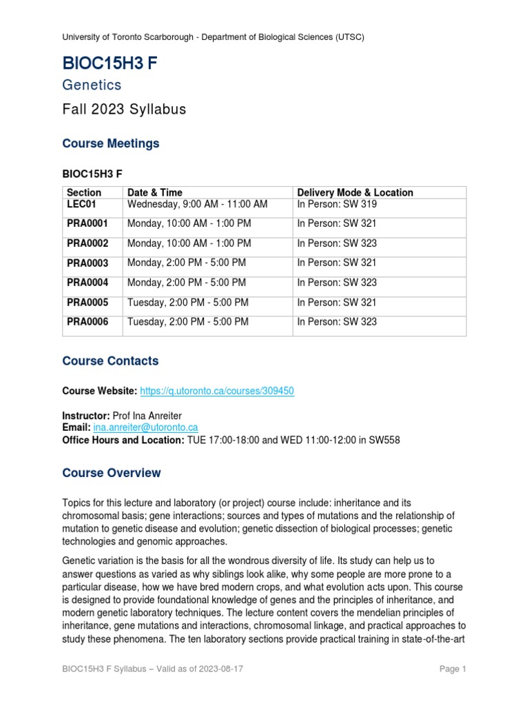 BIOC15H3F-2023 Fall Syllabus-20230817 | PDF | Genetics | Genetic Linkage