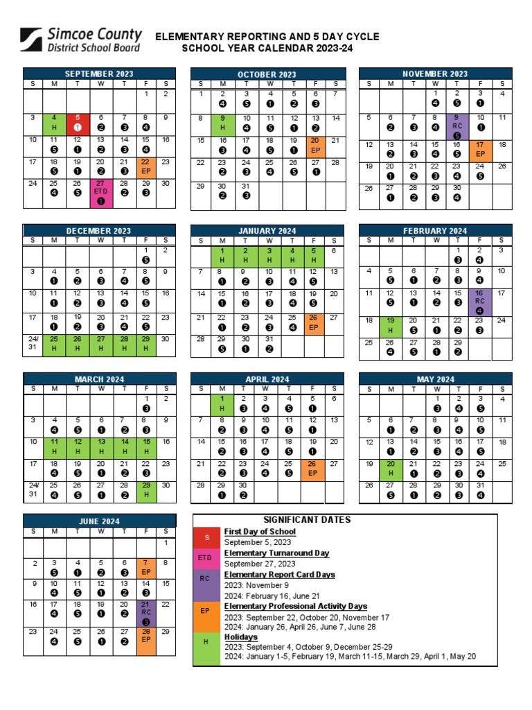 School Year Calendar 2023 24 Elementary 5 Day Cycle | PDF