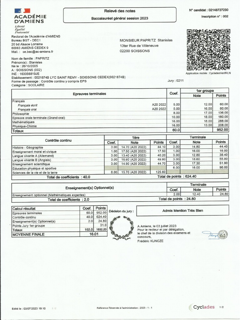 Relevé Notes Bac 2023 Sp Pdf