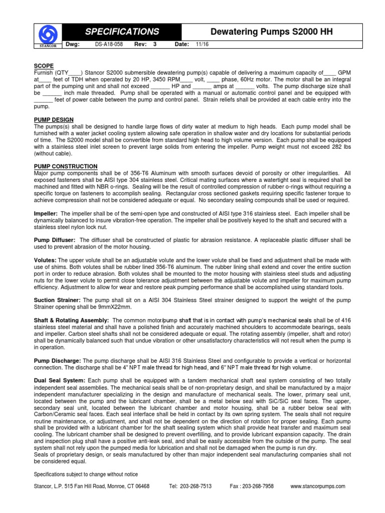 Standard S2000 HH Specifications Stancor Pumps PDF Electric Motor