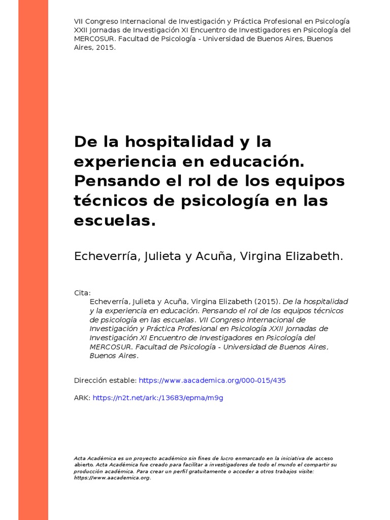 Echeverría, Julieta y Acuña, Virgi (...) (2015). De la hospitalidad y