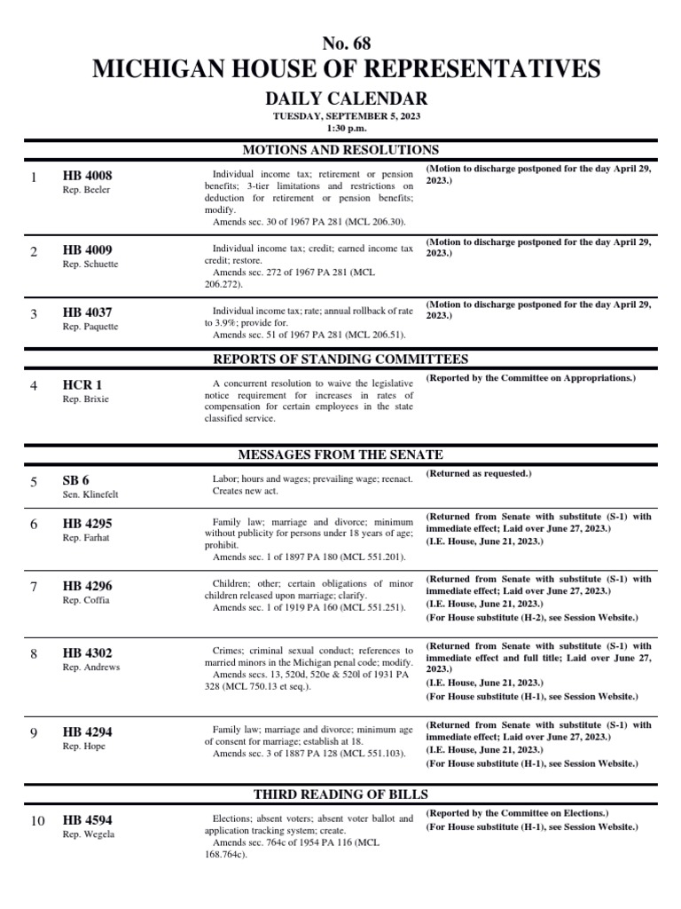 MI House of Representatives Schedule Download Free PDF Cost Of