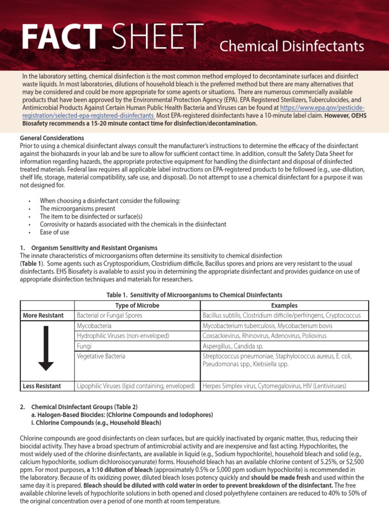 Chemical Disinfectants Fact Sheet 2 26 21 PDF Disinfectant Bleach