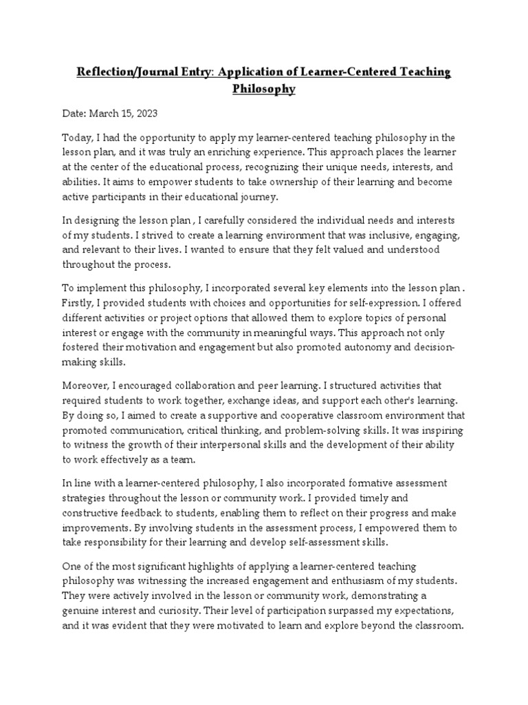 Reflection Application of Learner Centered Teaching Philosophy | PDF ...