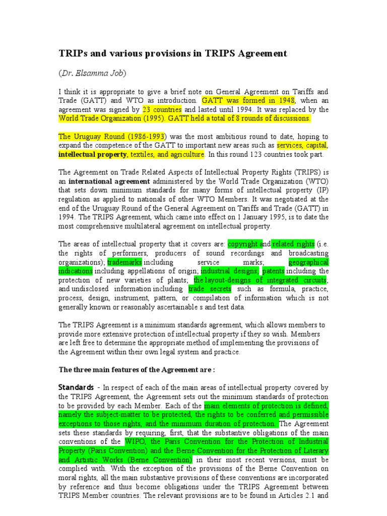Trips and Various Provisions in Trips Agreement (Dr. Elsamma Job