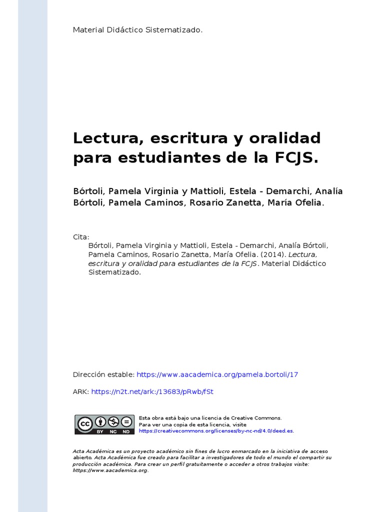 Bórtoli, Pamela Virginia y Mattioli (... ) (2014) - Lectura, Escritura y  Oralidad para Estudiantes de La FCJS | PDF | Conocimiento | Aprendizaje, image size:768x1024