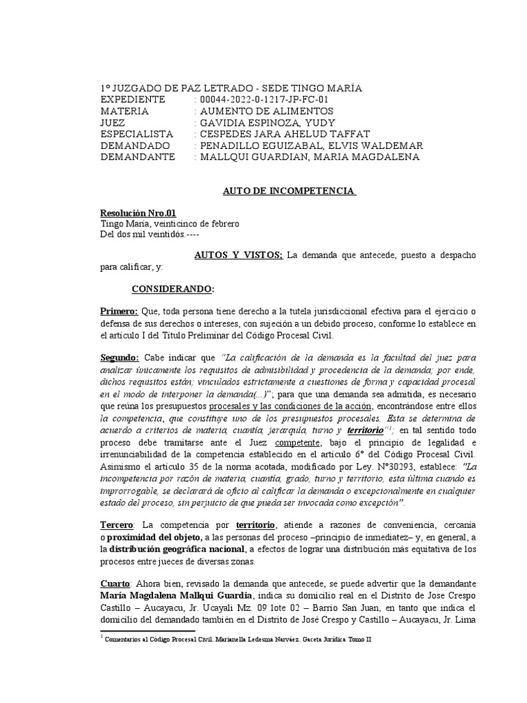 Auto de Incompetencia Territorial | PDF | Demanda judicial | Ley procesal