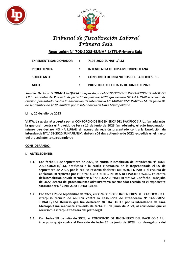 Resolucion 708 2023 Sunafil LPDerecho | PDF | Debido al proceso