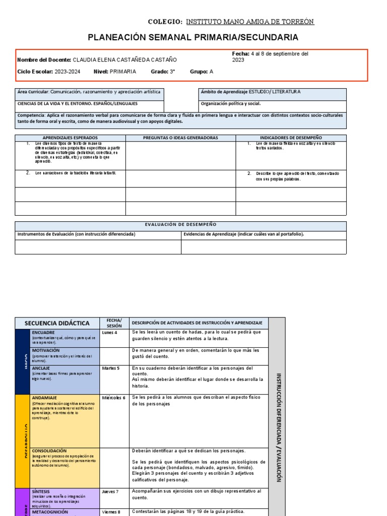 Formato de Planeación en Blanco Del Ciclo Escolar 2023-2024 | PDF ...