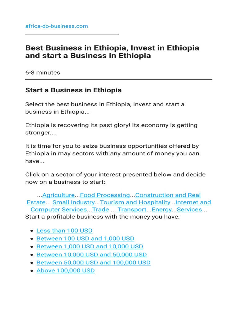 Best Business in Ethiopia Invest in Ethiopia and Start A Business in